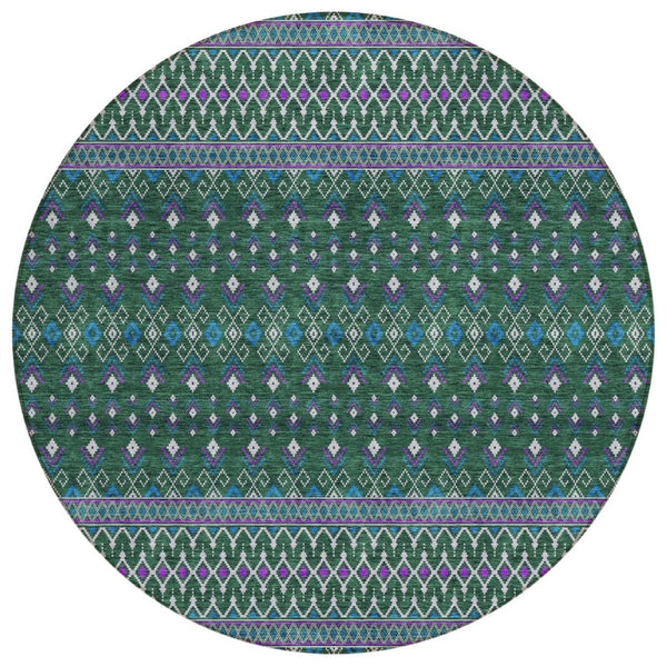 HomeRoots 5' Tribal-Inspired Washable Area Rug in Vibrant Green, Blue & Purple - Ideal for Indoor/Outdoor Use 8' Round 582562