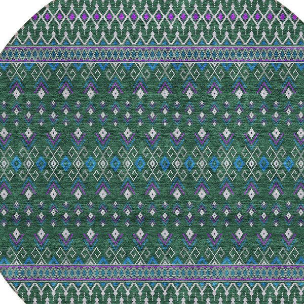 Homeroots 3' Brown Green And Olive Green Tribal Washable Area Rug For Indoor And Outdoor Spaces, Durable Design 8' Round Polyester 582562