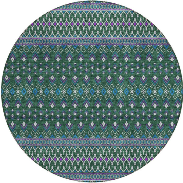 Homeroots 3' Brown Green And Olive Green Tribal Washable Area Rug For Indoor And Outdoor Spaces, Durable Design 8' Round Polyester 582562