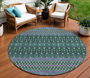 Homeroots 3' Brown Green And Olive Green Tribal Washable Area Rug For Indoor And Outdoor Spaces, Durable Design 8' Round Polyester 582562