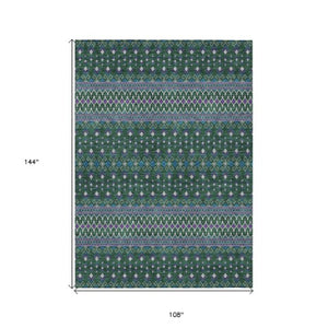 Homeroots 3' Brown Green And Olive Green Tribal Washable Area Rug For Indoor And Outdoor Spaces, Durable Design 9' X 12' Polyester 582564