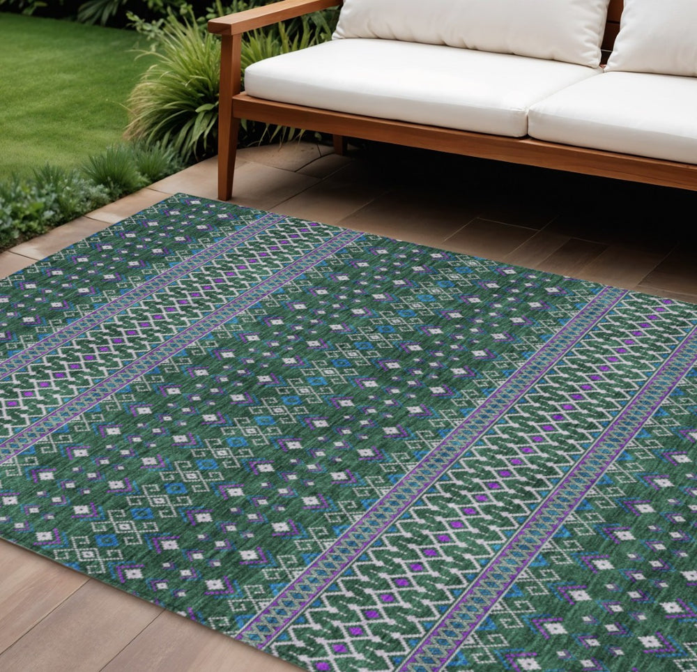 HomeRoots 5' Tribal-Inspired Washable Area Rug in Vibrant Green, Blue & Purple - Ideal for Indoor/Outdoor Use 10' X 14' 582565
