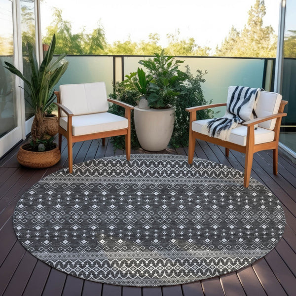 Homeroots 3' Brown Green And Olive Green Tribal Washable Area Rug For Indoor And Outdoor Spaces, Durable Design 8' Round Polyester 582568