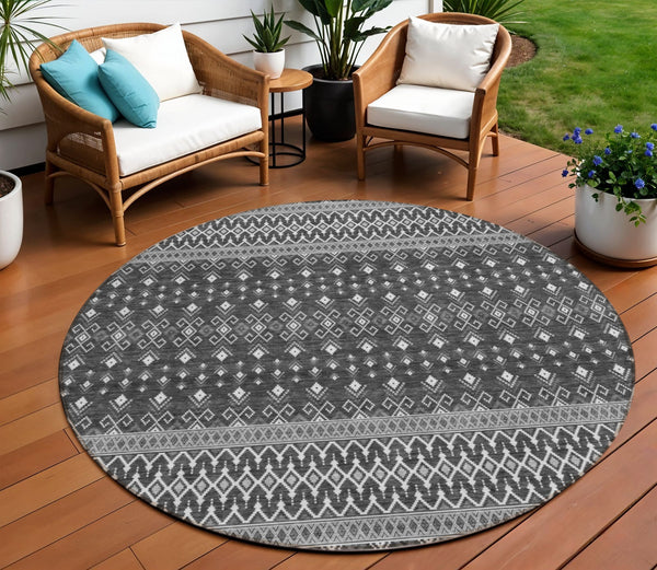 Homeroots 3' Brown Green And Olive Green Tribal Washable Area Rug For Indoor And Outdoor Spaces, Durable Design 8' Round Polyester 582568