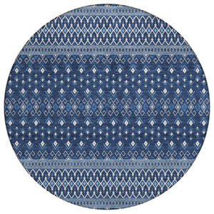 HomeRoots 5' Navy Blue and Denim Tribal Indoor Outdoor Area Rug - Stylish, Durable, Washable for All Spaces 8' Round 582574