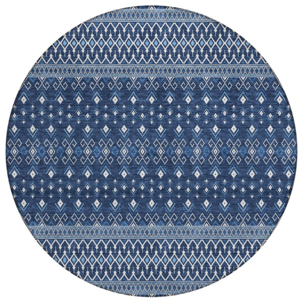 HomeRoots 5' Navy Blue and Denim Tribal Indoor Outdoor Area Rug - Stylish, Durable, Washable for All Spaces 8' Round 582574
