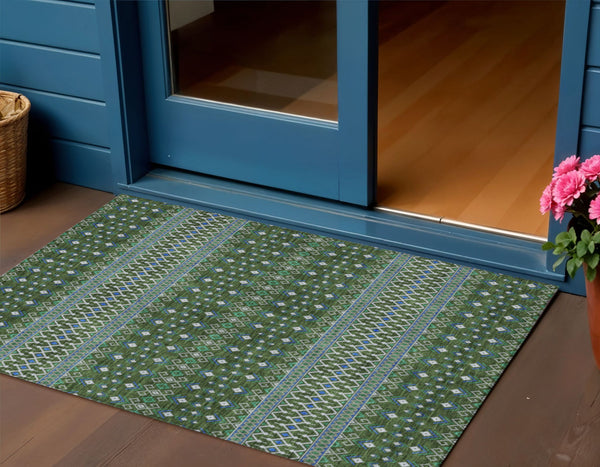 Homeroots 3' Brown Green And Olive Green Tribal Washable Area Rug For Indoor And Outdoor Spaces, Durable Design 3' X 5' Polyester 582578