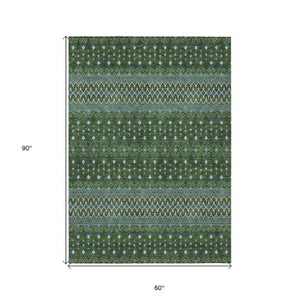 Homeroots 3' Brown Green And Olive Green Tribal Washable Area Rug For Indoor And Outdoor Spaces, Durable Design 5' X 8' Polyester 582579