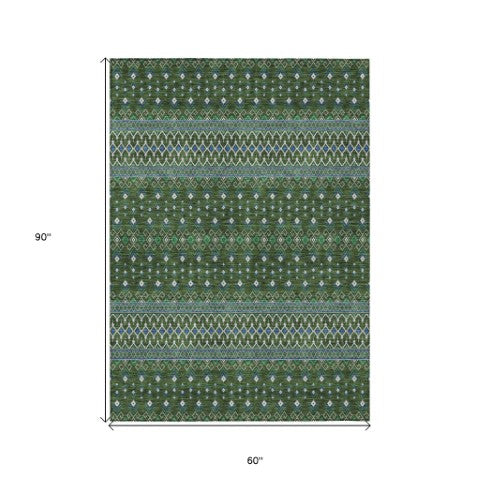 Homeroots 3' Brown Green And Olive Green Tribal Washable Area Rug For Indoor And Outdoor Spaces, Durable Design 5' X 8' Polyester 582579