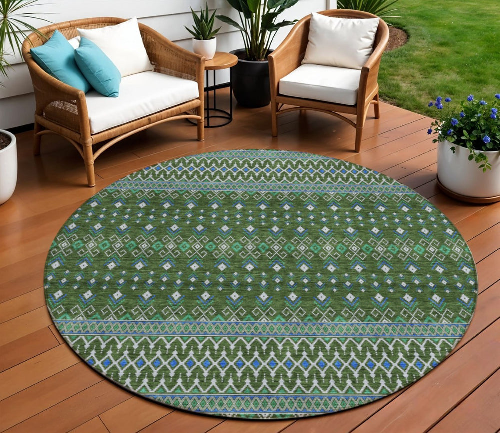 HomeRoots 5' Olive Green and Blue Tribal Area Rug – Durable, Washable Indoor/Outdoor Floor Covering for Any Space 8' Round 582580