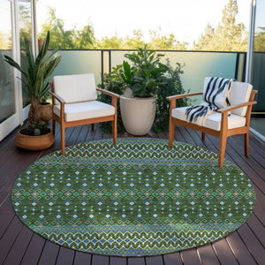 Homeroots 3' Brown Green And Olive Green Tribal Washable Area Rug For Indoor And Outdoor Spaces, Durable Design 8' Round Polyester 582580