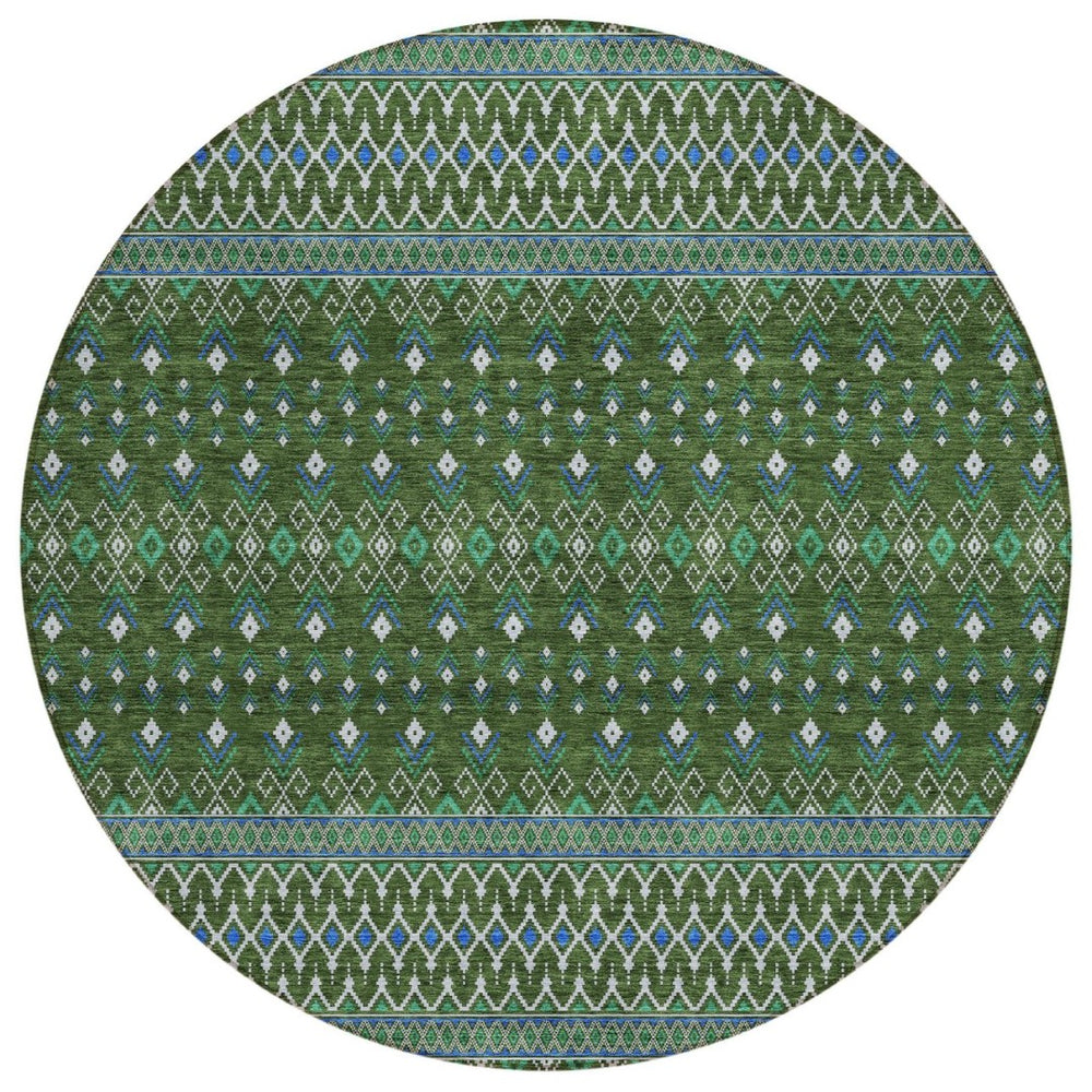 HomeRoots 5' Olive Green and Blue Tribal Area Rug – Durable, Washable Indoor/Outdoor Floor Covering for Any Space 8' Round 582580