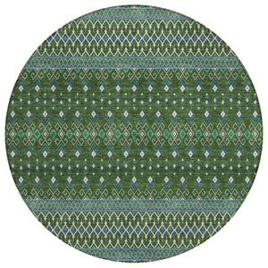 HomeRoots 5' Olive Green and Blue Tribal Area Rug – Durable, Washable Indoor/Outdoor Floor Covering for Any Space 8' Round 582580