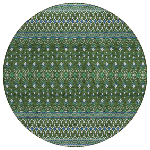 HomeRoots 5' Olive Green and Blue Tribal Area Rug – Durable, Washable Indoor/Outdoor Floor Covering for Any Space 8' Round 582580