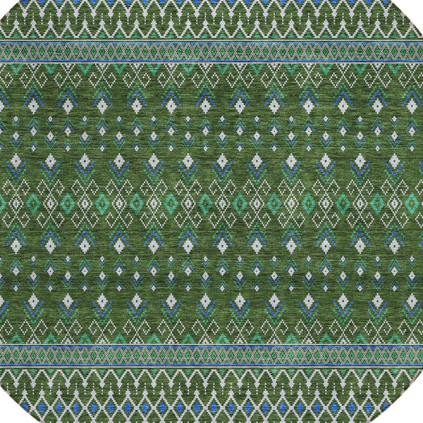 Homeroots 3' Brown Green And Olive Green Tribal Washable Area Rug For Indoor And Outdoor Spaces, Durable Design 8' Round Polyester 582580