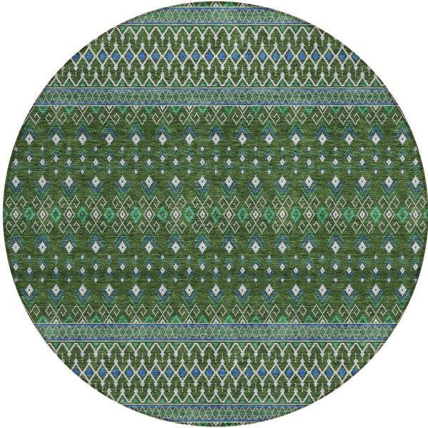 Homeroots 3' Brown Green And Olive Green Tribal Washable Area Rug For Indoor And Outdoor Spaces, Durable Design 8' Round Polyester 582580