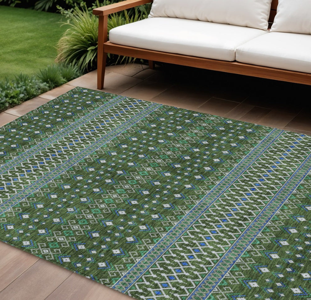 HomeRoots 9' Olive Green and Blue Tribal Area Rug – Durable, Washable Design for Indoor and Outdoor Spaces 9' X 12' 582582