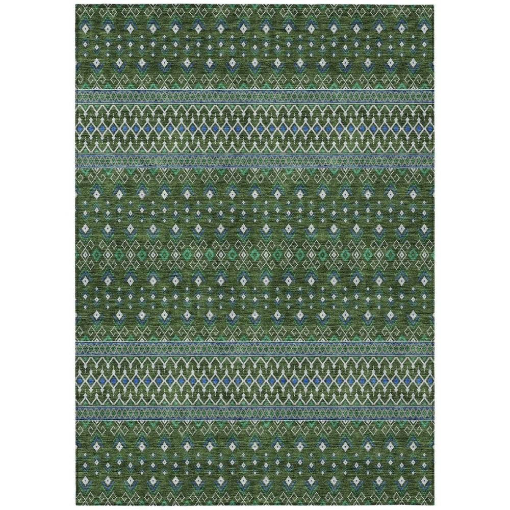 HomeRoots 9' Olive Green and Blue Tribal Area Rug – Durable, Washable Design for Indoor and Outdoor Spaces 9' X 12' 582582