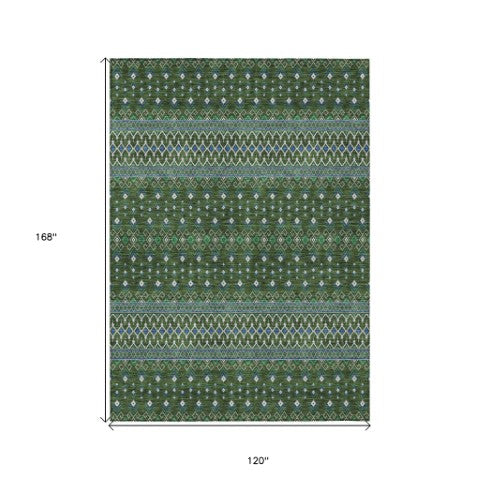 Homeroots 3' Brown Green And Olive Green Tribal Washable Area Rug For Indoor And Outdoor Spaces, Durable Design 10' X 14' Polyester 582583