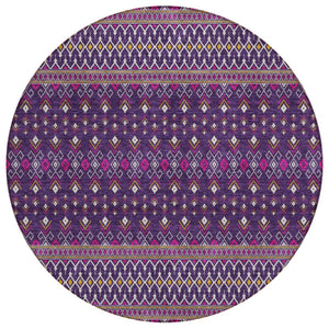 HomeRoots 5' Vibrant Tribal Washable Area Rug in Purple, Pink, and Yellow for Indoor and Outdoor Use 8' Round 582586