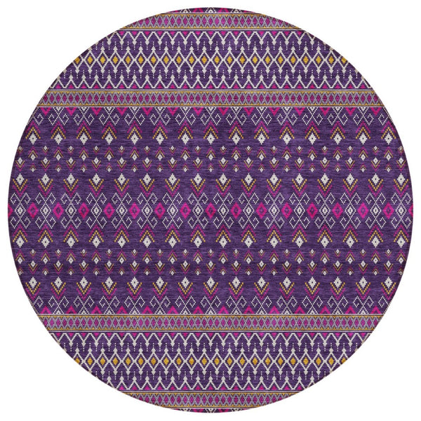 HomeRoots 5' Vibrant Tribal Washable Area Rug in Purple, Pink, and Yellow for Indoor and Outdoor Use 8' Round 582586