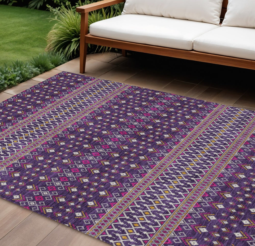 HomeRoots 9' Vibrant Tribal Area Rug in Purple, Pink & Yellow – Washable, Stain-Resistant, Indoor/Outdoor Use 9' X 12' 582588