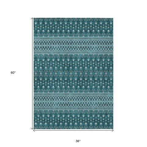 Homeroots 3' Brown Green And Olive Green Tribal Washable Area Rug For Indoor And Outdoor Spaces, Durable Design 3' X 5' Polyester 582590