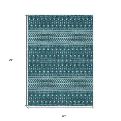 Homeroots 3' Brown Green And Olive Green Tribal Washable Area Rug For Indoor And Outdoor Spaces, Durable Design 5' X 8' Polyester 582591