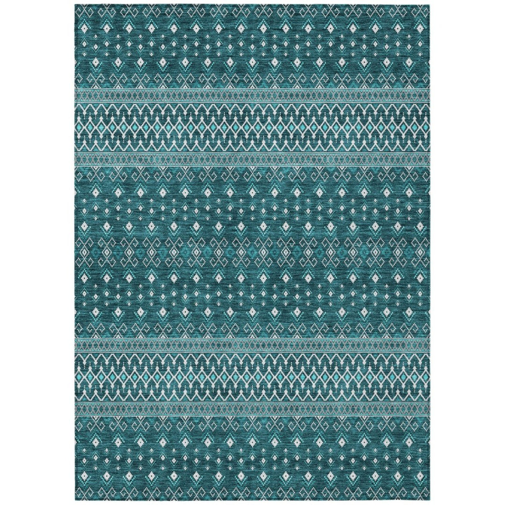 HomeRoots 5' Teal Blue Aqua and Ivory Tribal Area Rug - Stylish, Durable Indoor/Outdoor Accent for Any Space 5' X 8' 582591