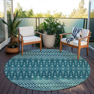 Homeroots 3' Brown Green And Olive Green Tribal Washable Area Rug For Indoor And Outdoor Spaces, Durable Design 8' Round Polyester 582592