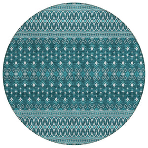 HomeRoots 5' Teal Blue Aqua and Ivory Tribal Area Rug - Stylish, Durable Indoor/Outdoor Accent for Any Space 8' Round 582592