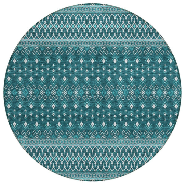 HomeRoots 5' Teal Blue Aqua and Ivory Tribal Area Rug - Stylish, Durable Indoor/Outdoor Accent for Any Space 8' Round 582592