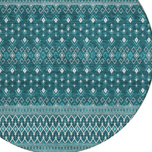 Homeroots 3' Brown Green And Olive Green Tribal Washable Area Rug For Indoor And Outdoor Spaces, Durable Design 8' Round Polyester 582592
