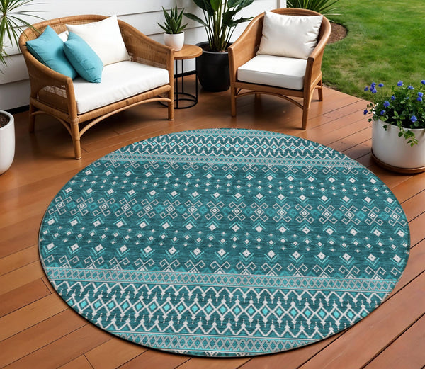 Homeroots 3' Brown Green And Olive Green Tribal Washable Area Rug For Indoor And Outdoor Spaces, Durable Design 8' Round Polyester 582592