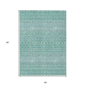 Homeroots 3' Stylish Green And Mint Tribal Washable Area Rug For Indoor And Outdoor Spaces, Durable Design 5' X 8' Polyester 582603