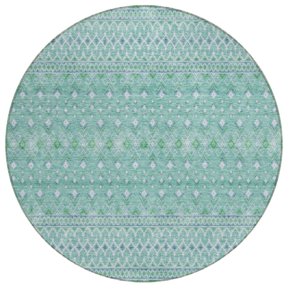 HomeRoots 5' Aqua Teal Blue & Ivory Tribal Area Rug - Stylish, Durable, Washable for Indoor/Outdoor Spaces 8' Round 582604