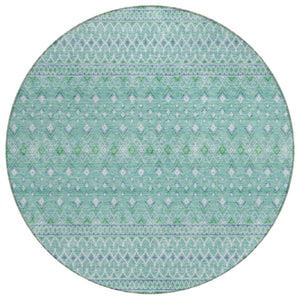HomeRoots 5' Aqua Teal Blue & Ivory Tribal Area Rug - Stylish, Durable, Washable for Indoor/Outdoor Spaces 8' Round 582604