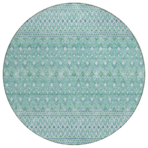 HomeRoots 5' Aqua Teal Blue & Ivory Tribal Area Rug - Stylish, Durable, Washable for Indoor/Outdoor Spaces 8' Round 582604