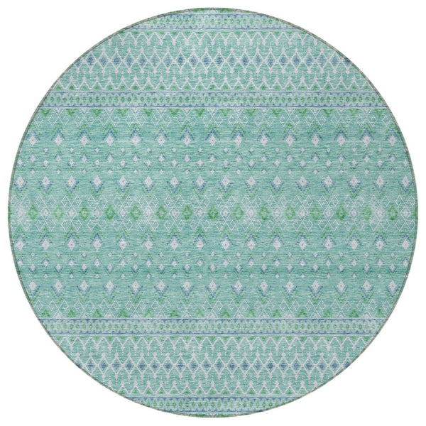 HomeRoots 5' Aqua Teal Blue & Ivory Tribal Area Rug - Stylish, Durable, Washable for Indoor/Outdoor Spaces 8' Round 582604