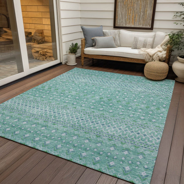 Homeroots 3' Stylish Green And Mint Tribal Washable Area Rug For Indoor And Outdoor Spaces, Durable Design 8' X 10' Polyester 582605