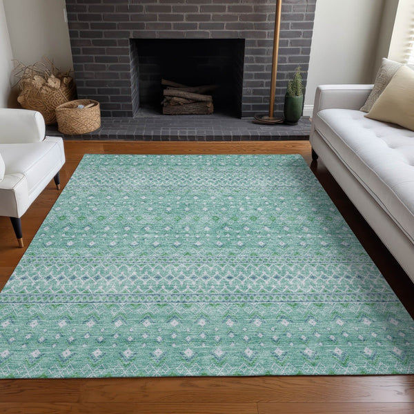 Homeroots 3' Stylish Green And Mint Tribal Washable Area Rug For Indoor And Outdoor Spaces, Durable Design 8' X 10' Polyester 582605