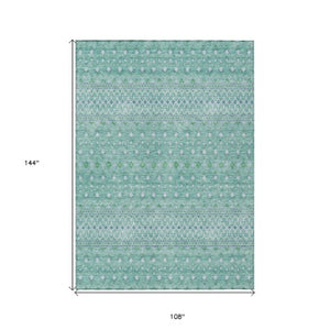 Homeroots 3' Stylish Green And Mint Tribal Washable Area Rug For Indoor And Outdoor Spaces, Durable Design 9' X 12' Polyester 582606