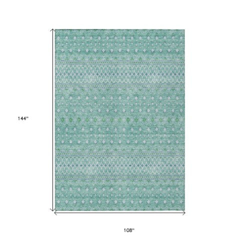 Homeroots 3' Stylish Green And Mint Tribal Washable Area Rug For Indoor And Outdoor Spaces, Durable Design 9' X 12' Polyester 582606