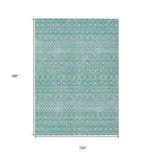 Homeroots 3' Stylish Green And Mint Tribal Washable Area Rug For Indoor And Outdoor Spaces, Durable Design 10' X 14' Polyester 582607