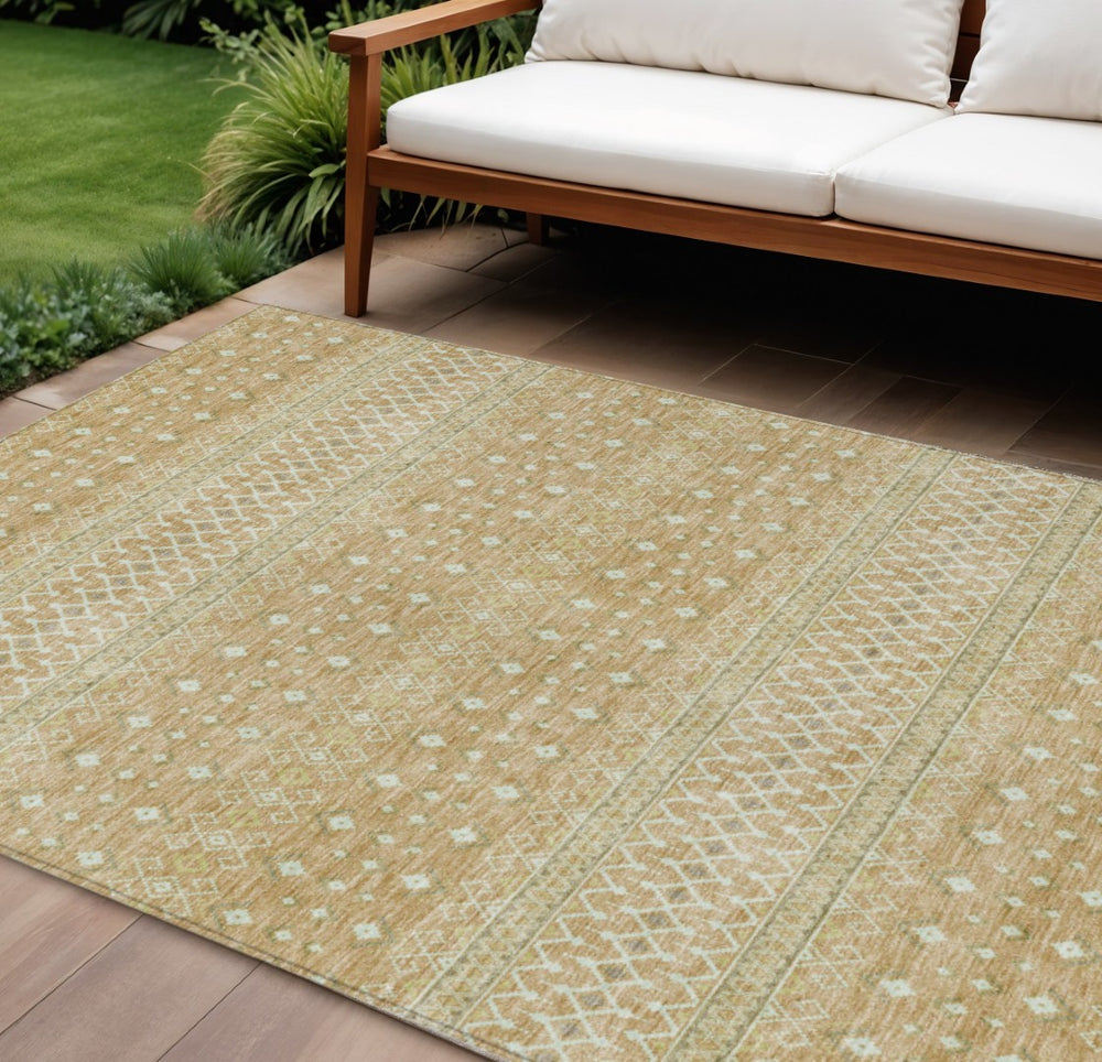 HomeRoots 5' Copper Ivory Olive Green Tribal Washable Area Rug - Durable, Stylish for Indoor & Outdoor Spaces 10' X 14' 582619