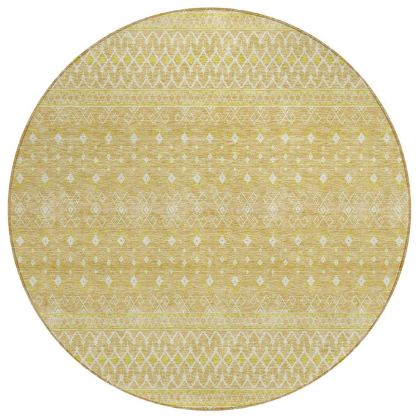 HomeRoots 5' Gold Ivory and Taupe Tribal Area Rug - Durable, Washable, Perfect for Indoor or Outdoor Spaces 8' Round 582622