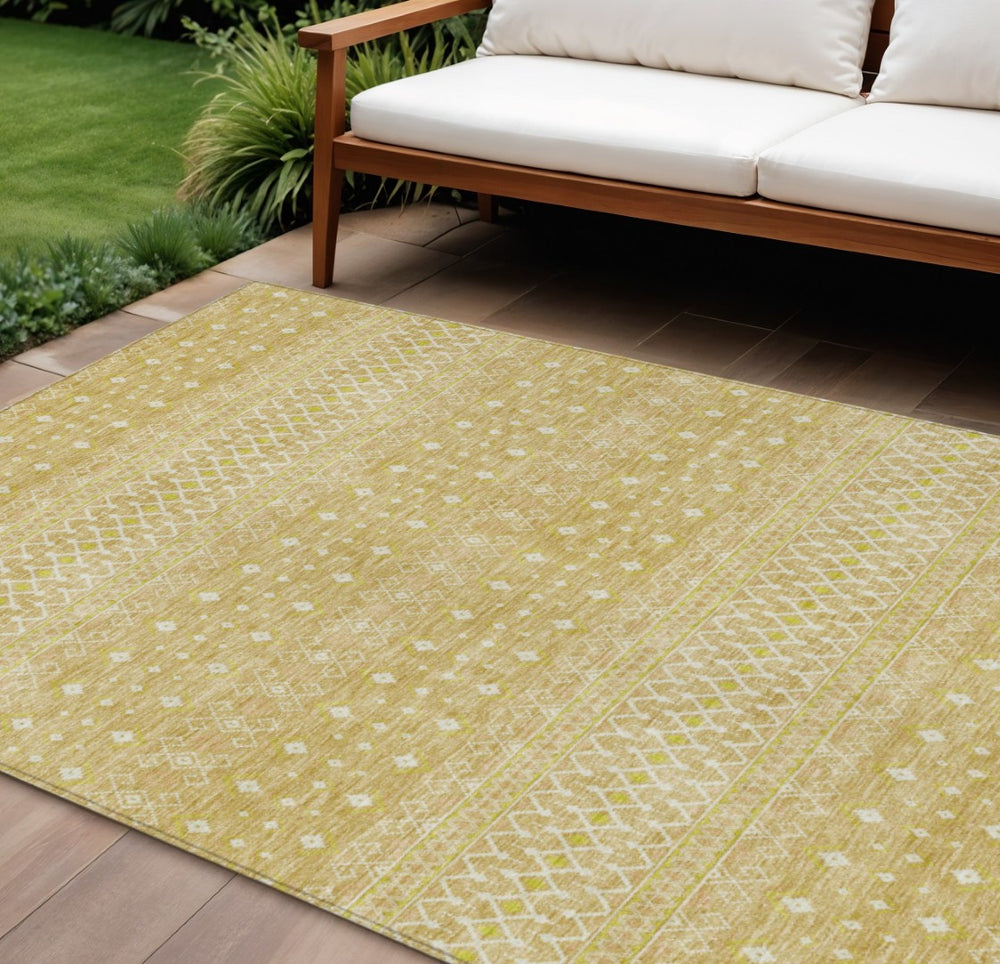 HomeRoots 9' Gold Ivory Taupe Tribal Area Rug - Stylish, Washable, Durable for Indoor & Outdoor Spaces 9' X 12' 582624