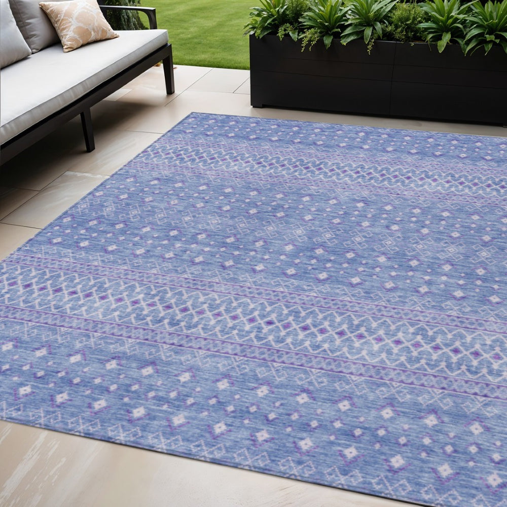 HomeRoots 5' Washable Indoor Outdoor Tribal Area Rug in Sky Blue, Purple, and Ivory for High-Traffic Spaces 5' X 8' 582633