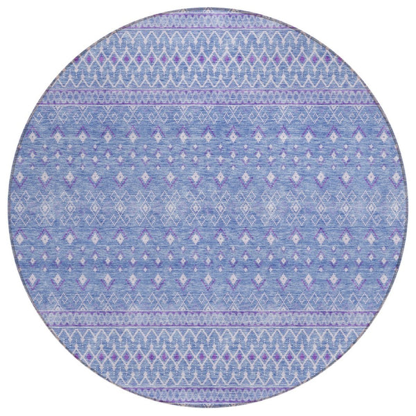 HomeRoots 5' Washable Indoor Outdoor Tribal Area Rug in Sky Blue, Purple, and Ivory for High-Traffic Spaces 8' Round 582634
