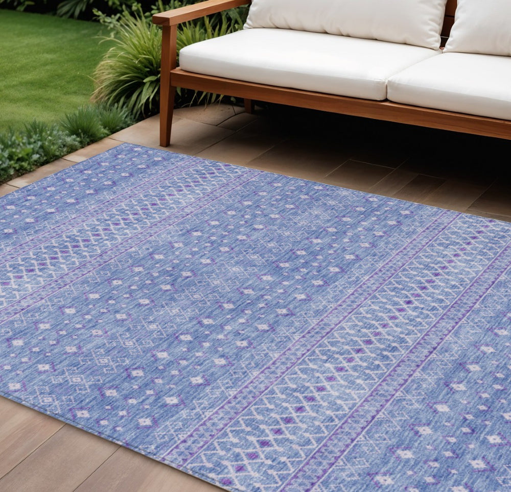 HomeRoots 9' Vibrant Tribal Area Rug in Sky Blue, Purple & Ivory - Washable & Durable for Indoor/Outdoor Use 9' X 12' 582636